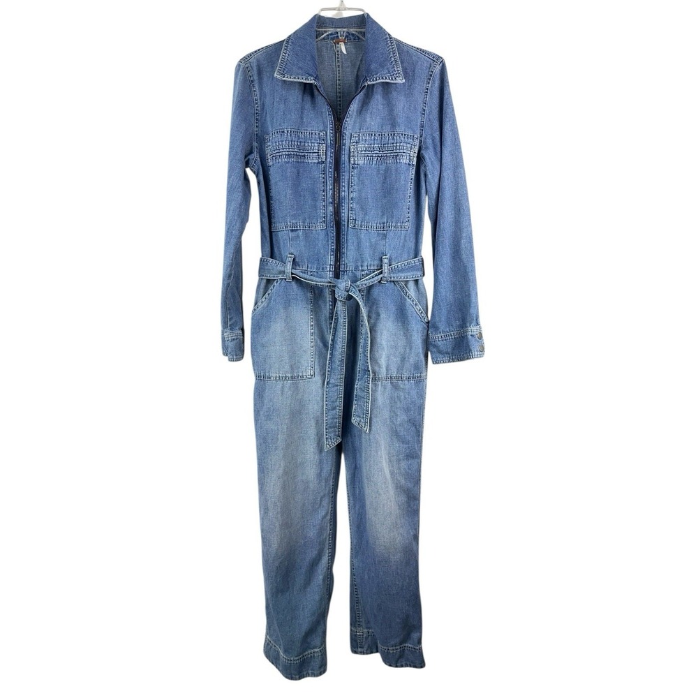 Free People Charlie Denim Jumpsuit Womens Sz 4 Coverall Pockets Zip Front - Picture 2 of 13